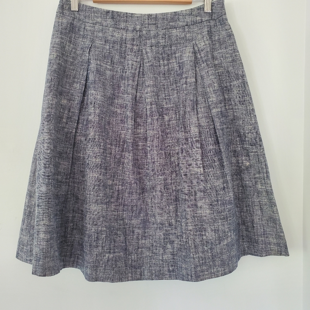 TALBOTS Sz 6 Blue Linen Cotton Blend A-Line 25" Skirt Pleats Zip Preppy Travel